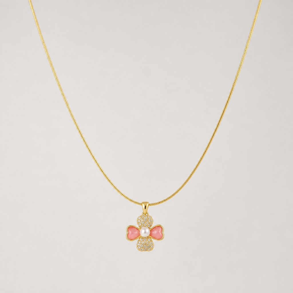 Pink Bow Pearl Pendant Necklace