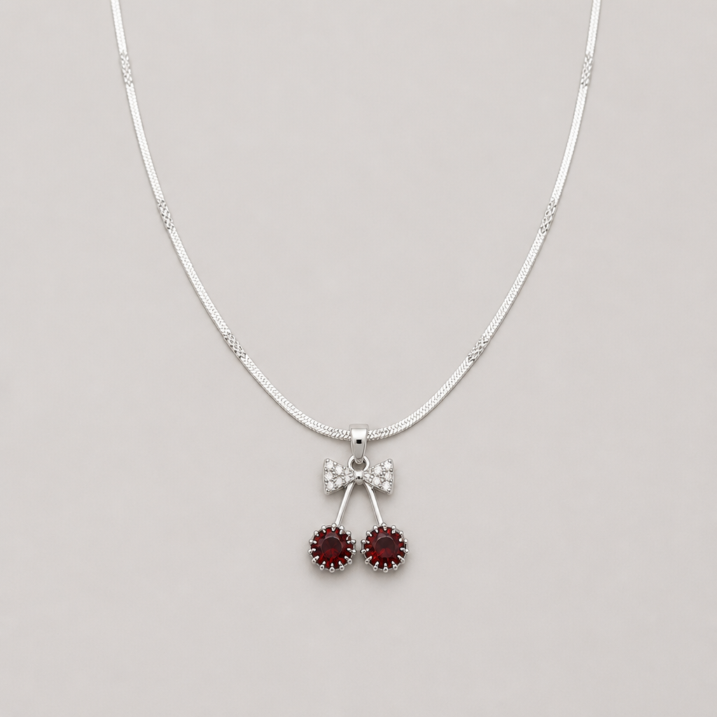 Silver Bow Ruby Drop Necklace