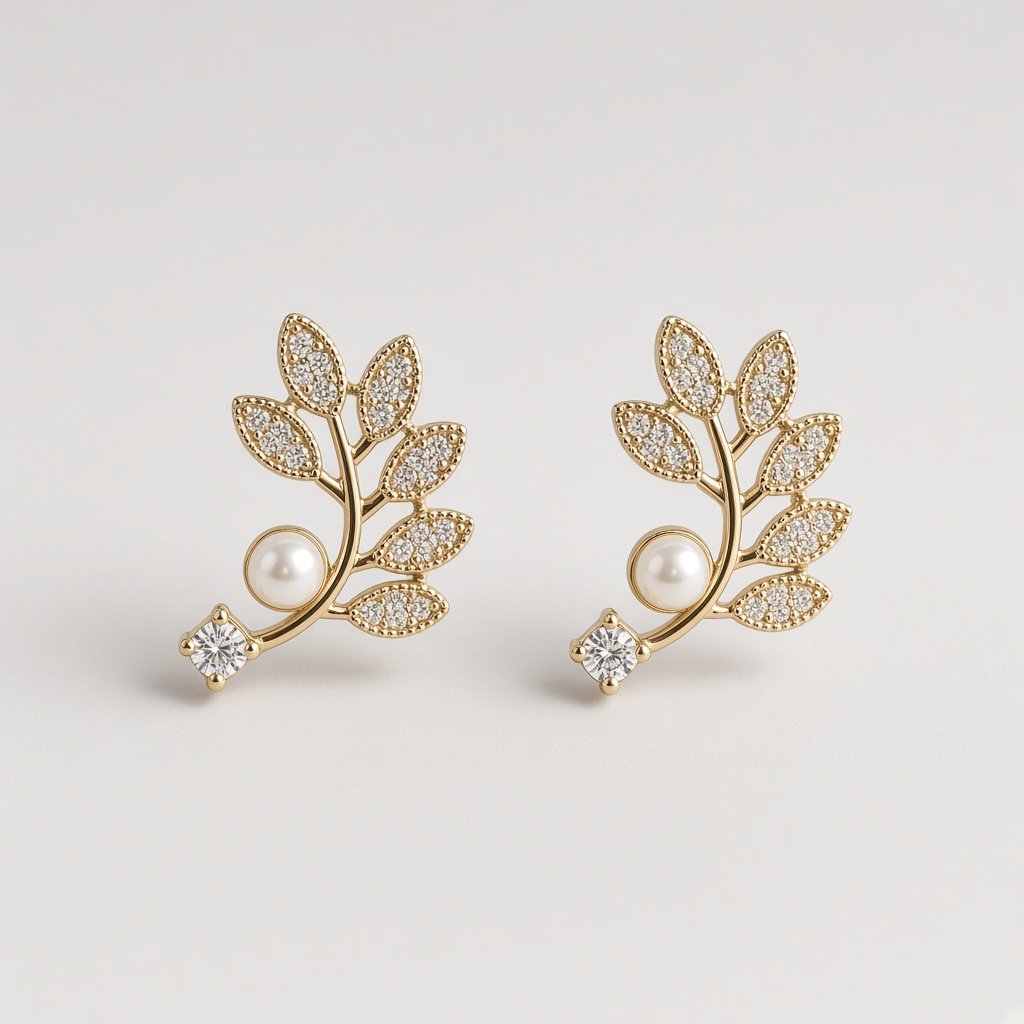 Gold Leaf Vine Pearl Drop Studs