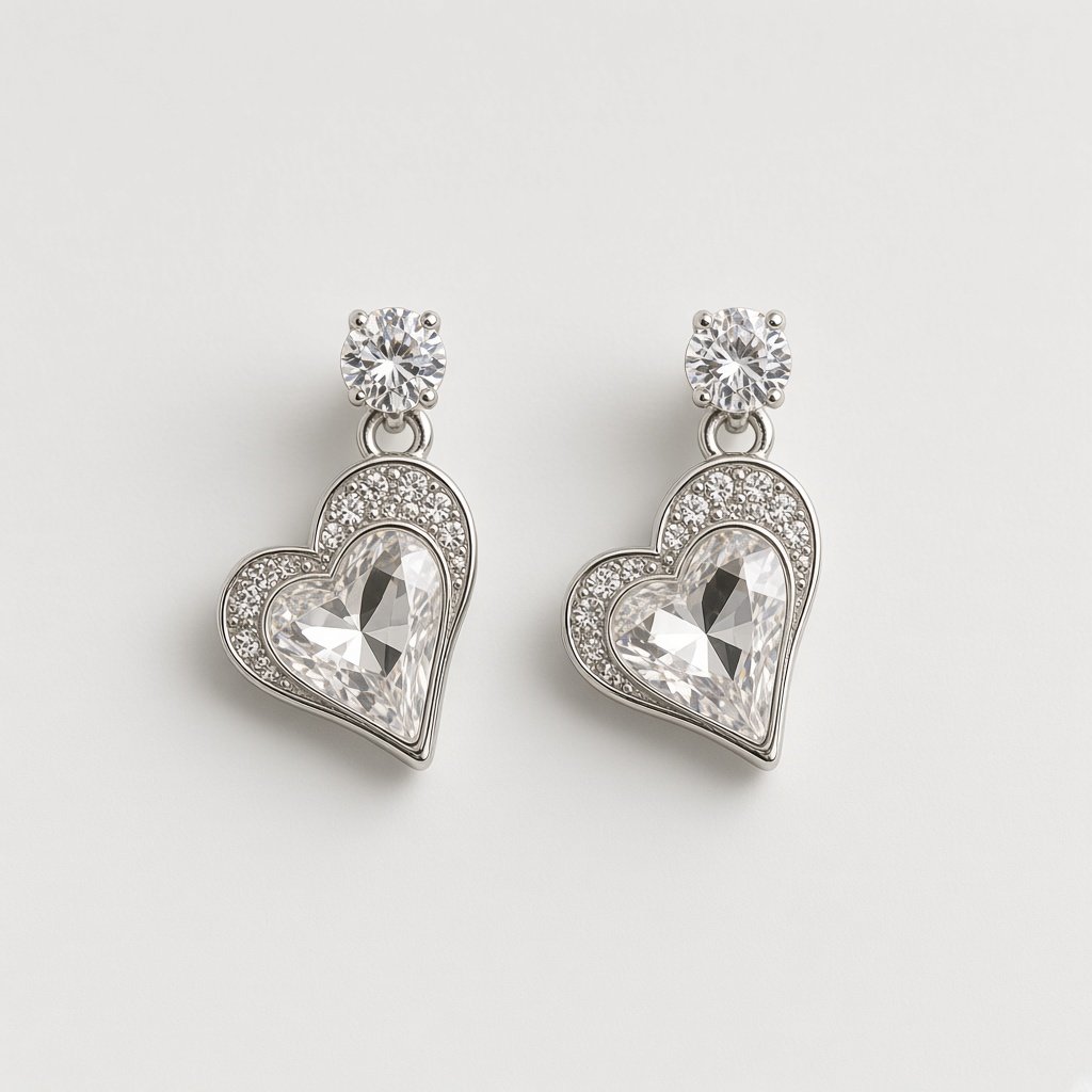 Silver Heart Crystal Drop Studs