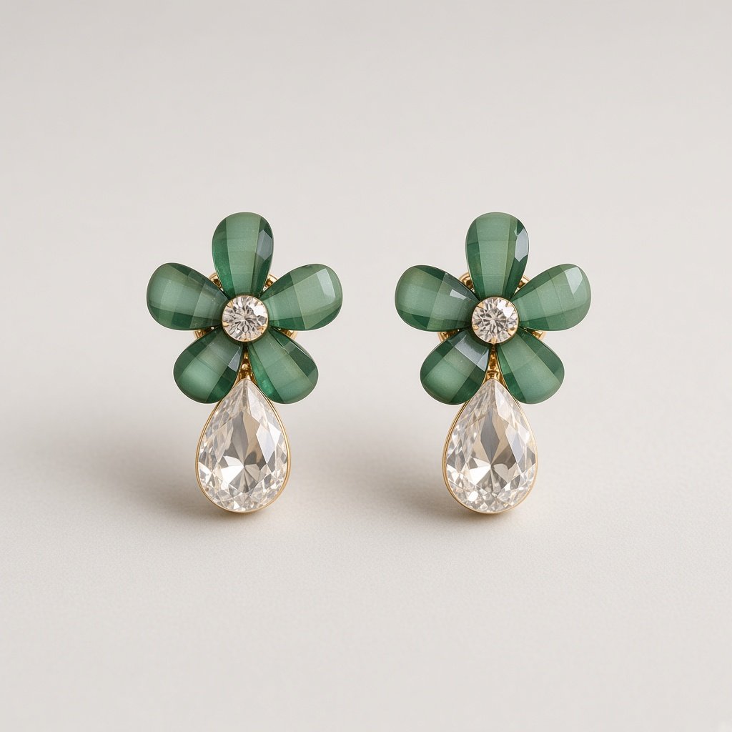 Green Flower Teardrop Studs