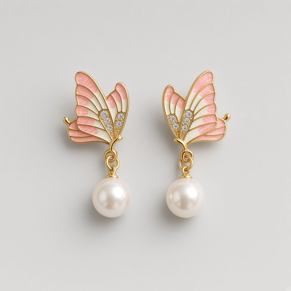 Pink Butterfly Pearl Studs