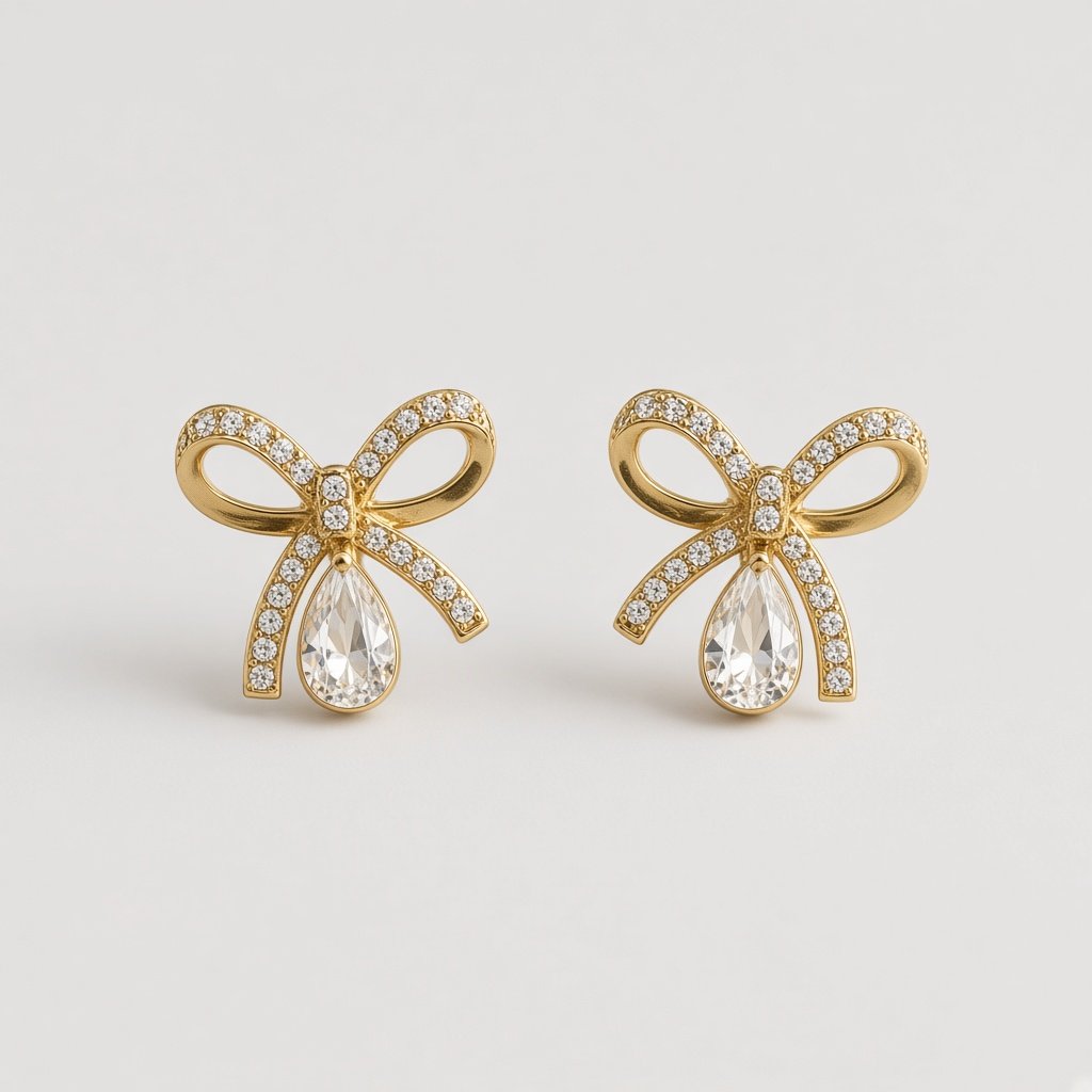 Gold Bow Rhinestone Studs