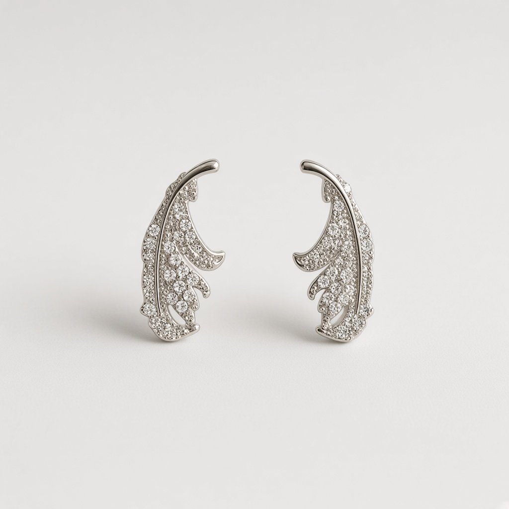 Silver Pavé Feather Studs