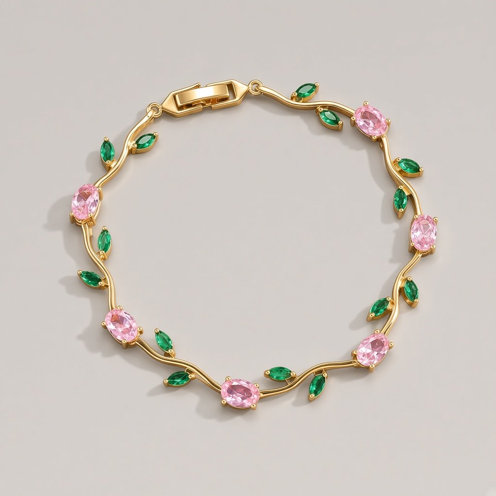 Gold Pink Green Leaf Bracelet