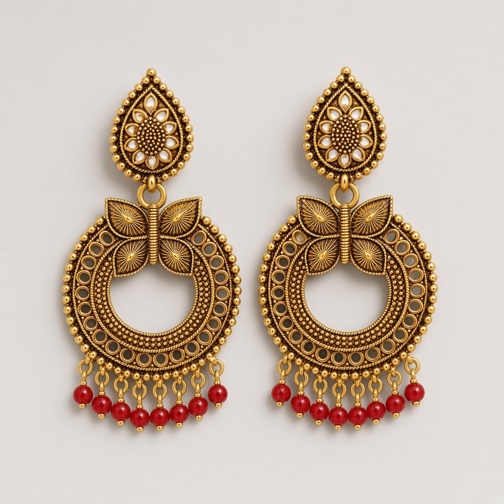 Gold Chandbali Red Bead Fringe