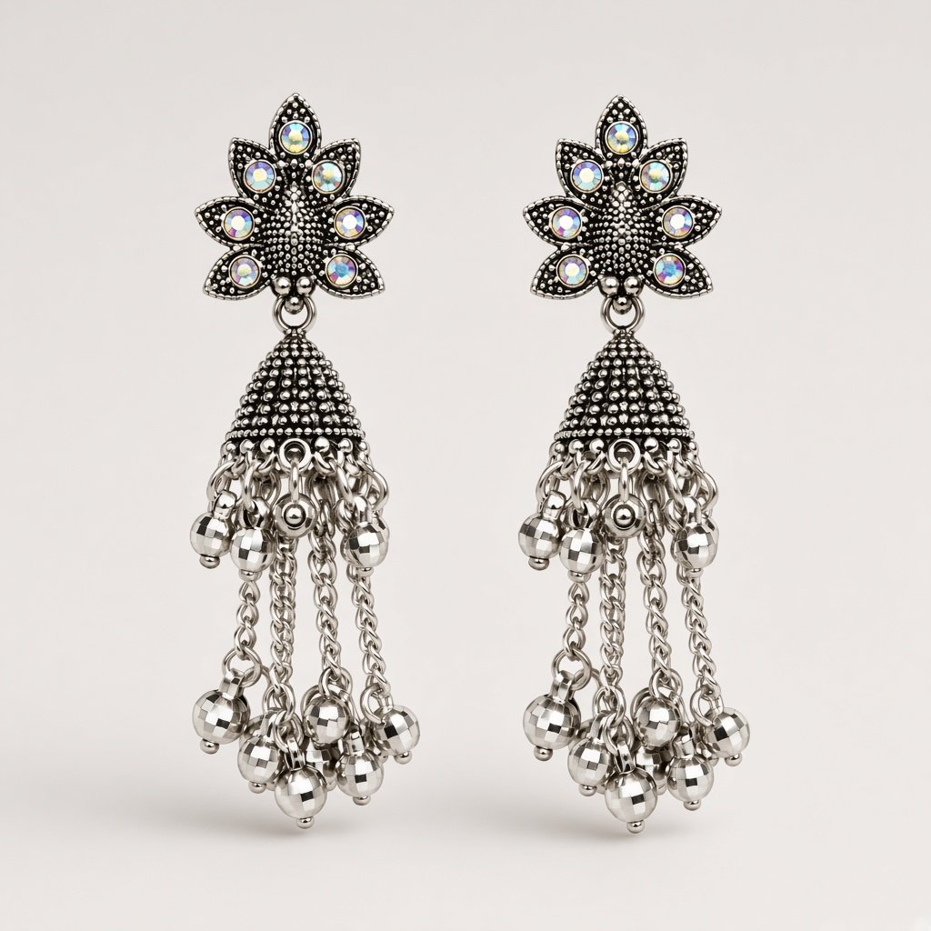 Silver Crystal Cone Tassel Earrings