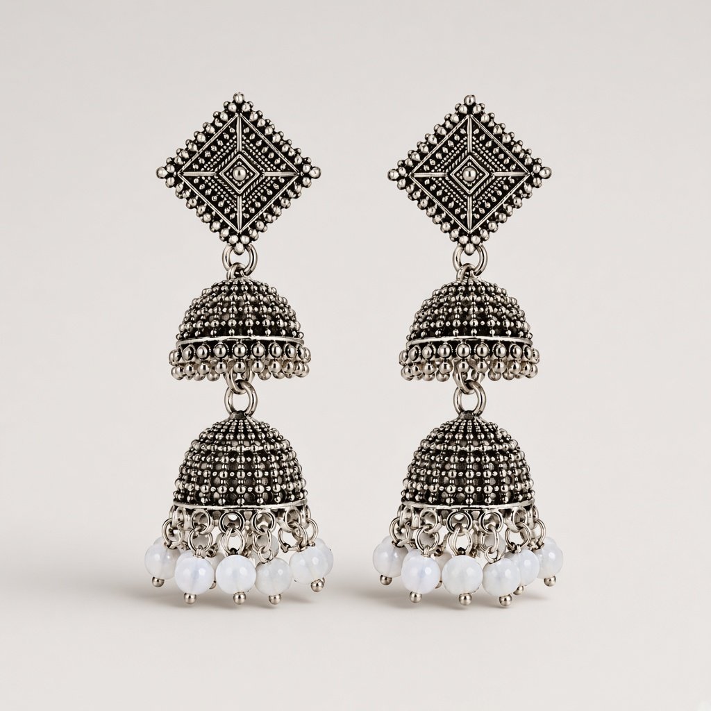 Silver Double Jhumka Pearl Fringe