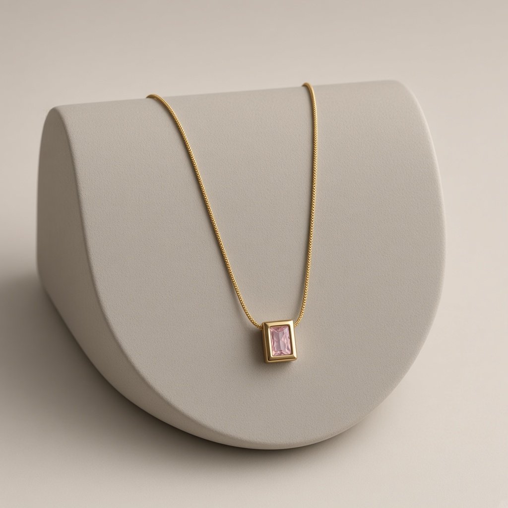 Gold Pink Rectangle Stone Necklace